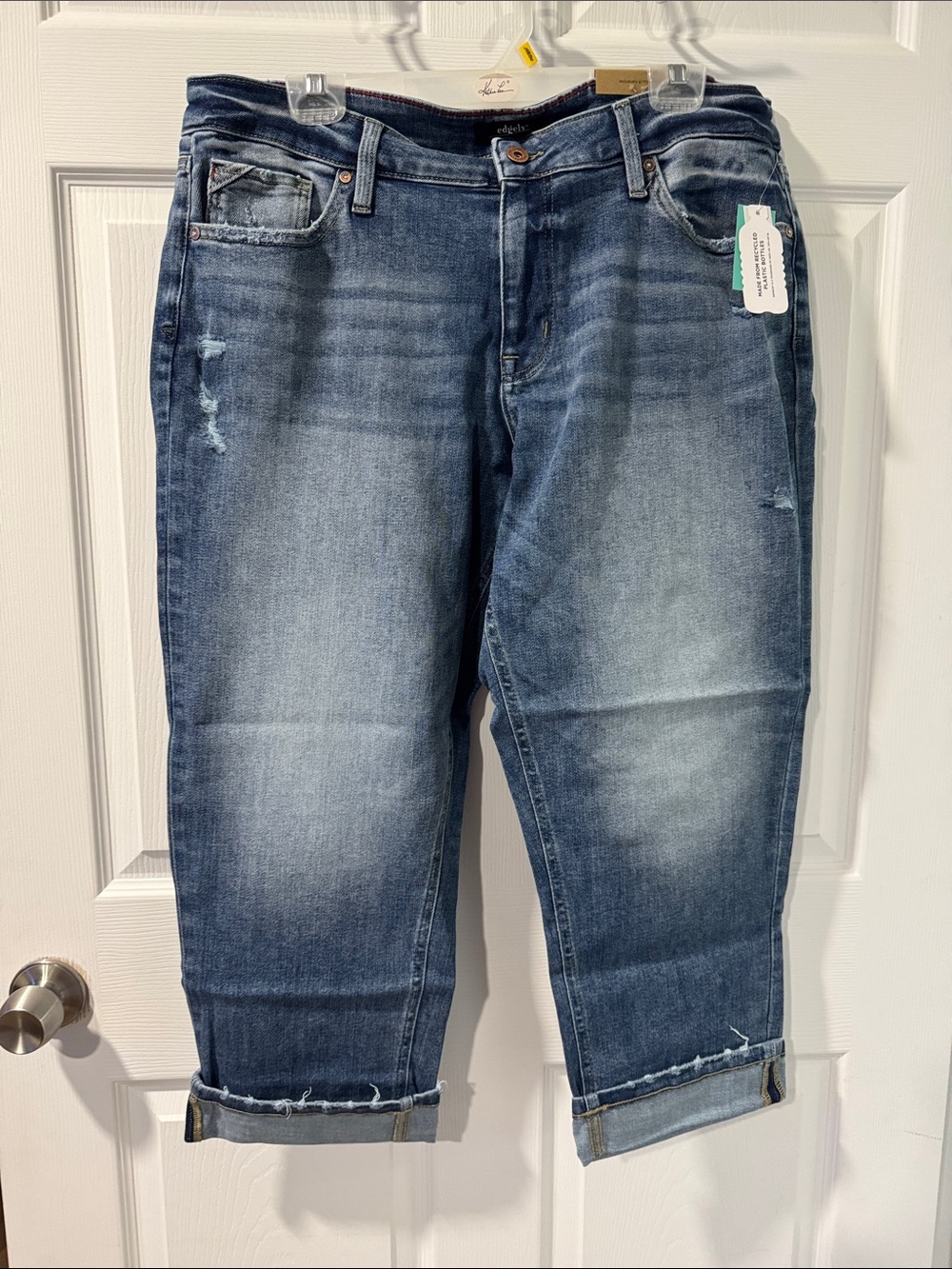 Cropped Women's Mid Blue Distressed Jeans - Relaxed Ankle Fit